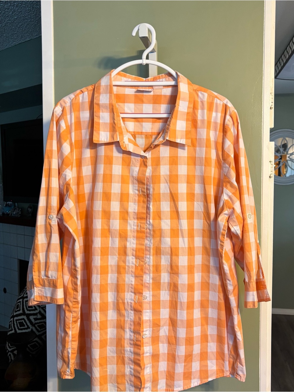 woman’s Orange and White Gingham Button-Up Shirt American sweetheart